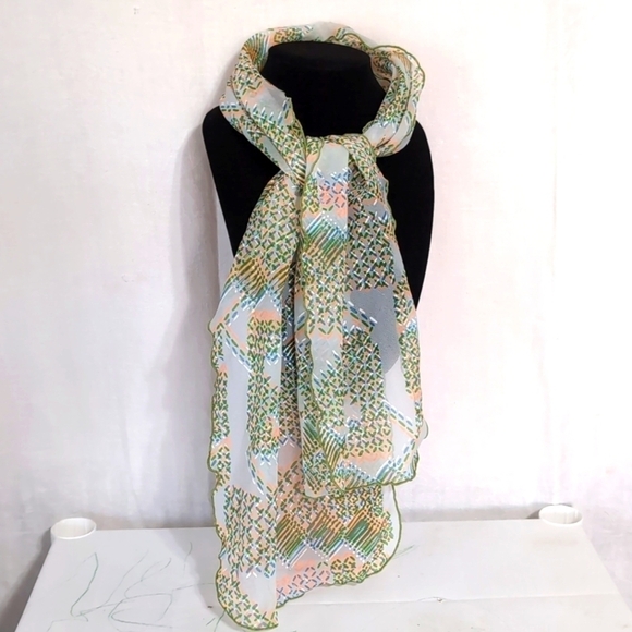 Vintage Accessories - Vintage Sheer Green Orange Cross-Hatch Rectangle Scarf